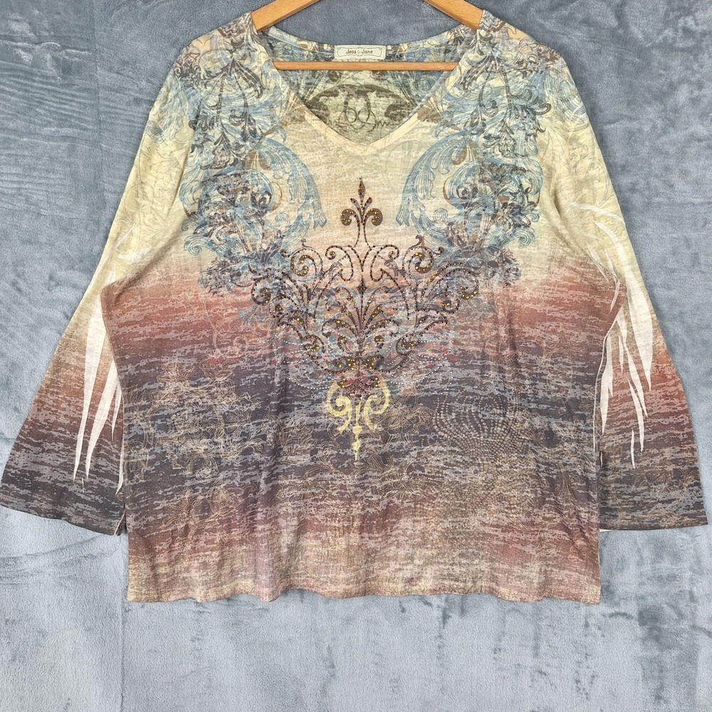 Jess & Jane Top 2X Boho Floral Abstract‎ Artsy Rhinestones Ombre Boxy Casual